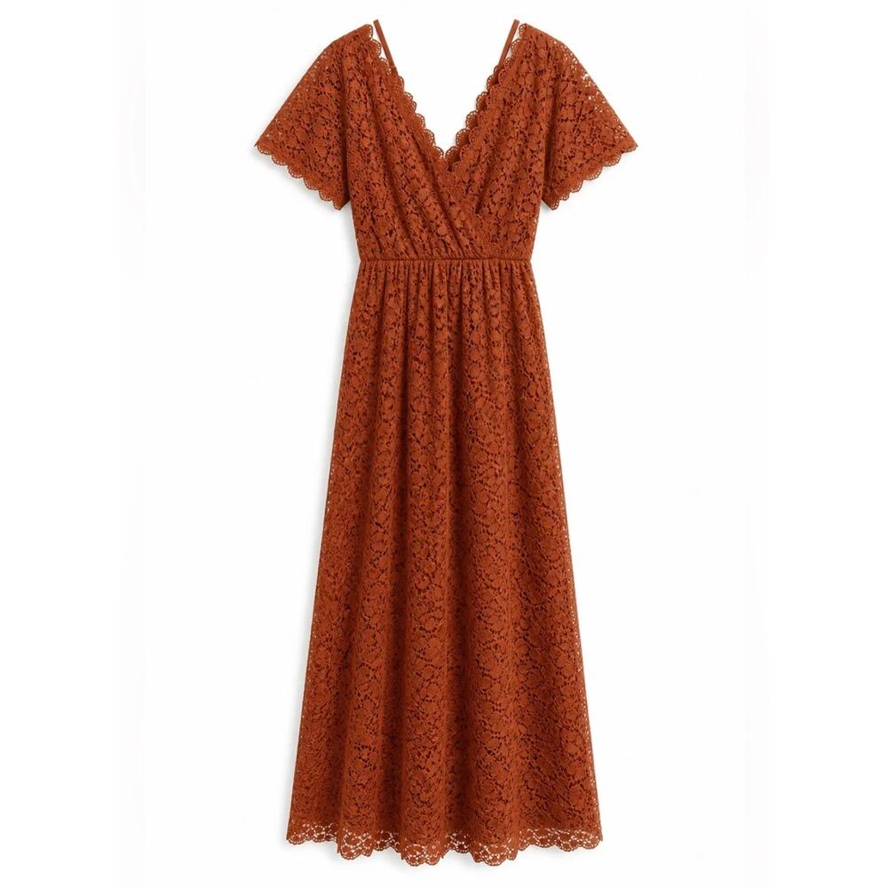 Baltic Born Venice Lace Maxi Dress Rust Boho V Neck Flutter Sleeve sz Sm